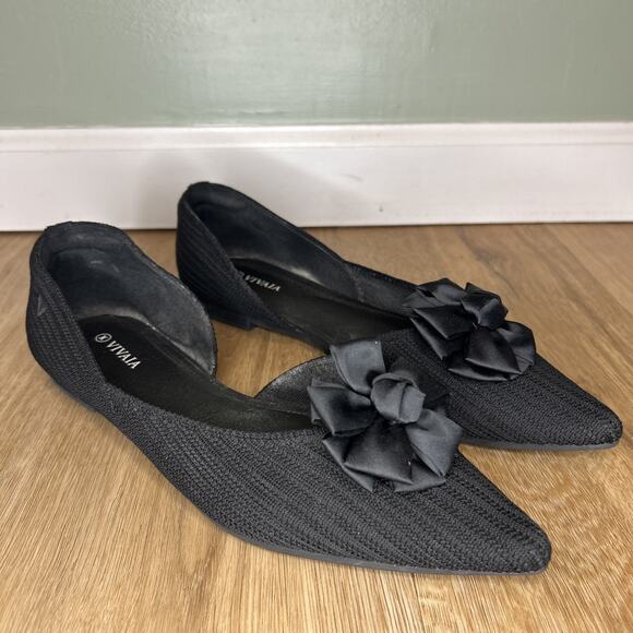 VIVAIA Women’s 10 EU 41 Flats D'Orsay Pointed-Toe Black Knit Bow Dressy Comfort - Picture 1 of 7